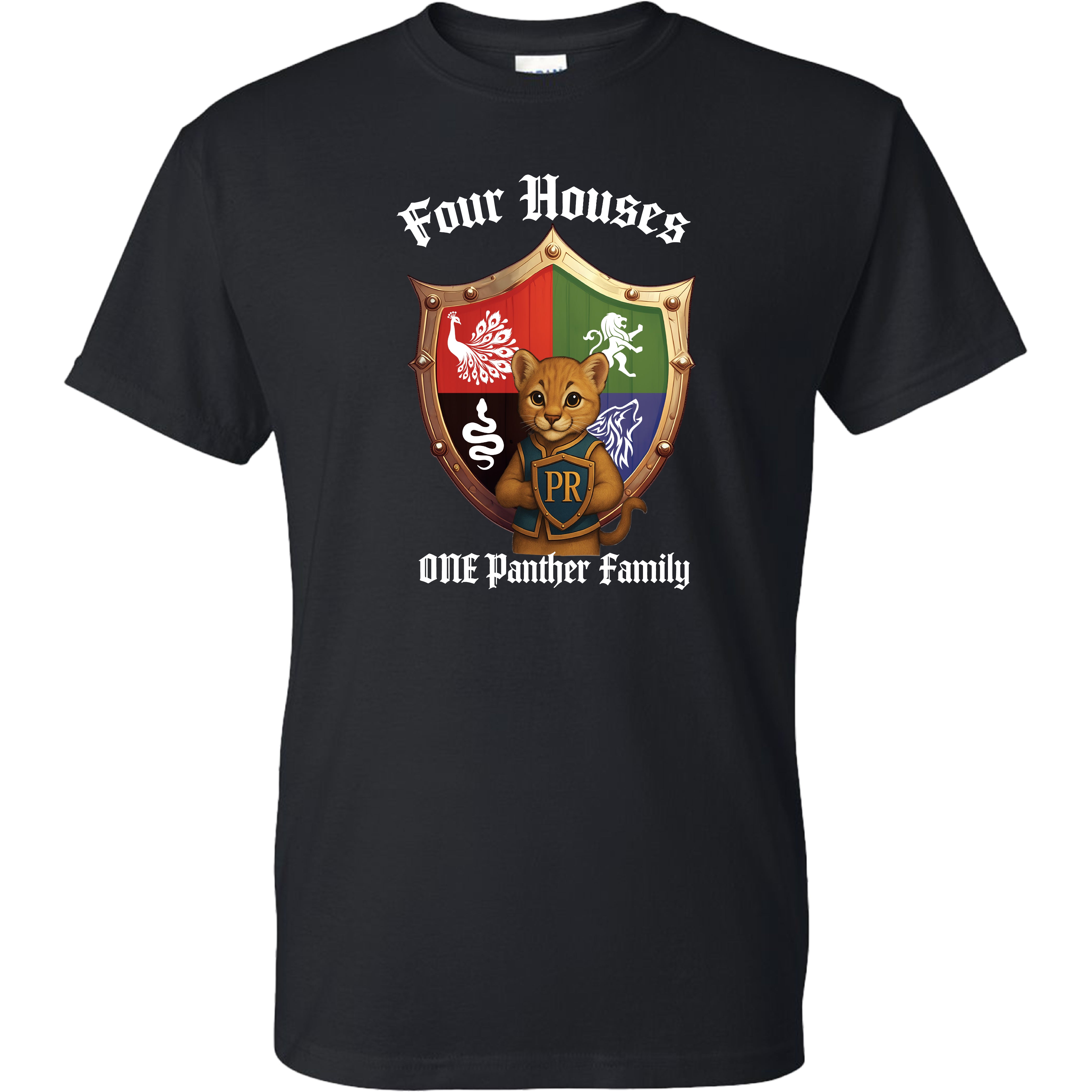 Panther Run Elementary - 4 Houses 1 Panther Family ADULT Tee