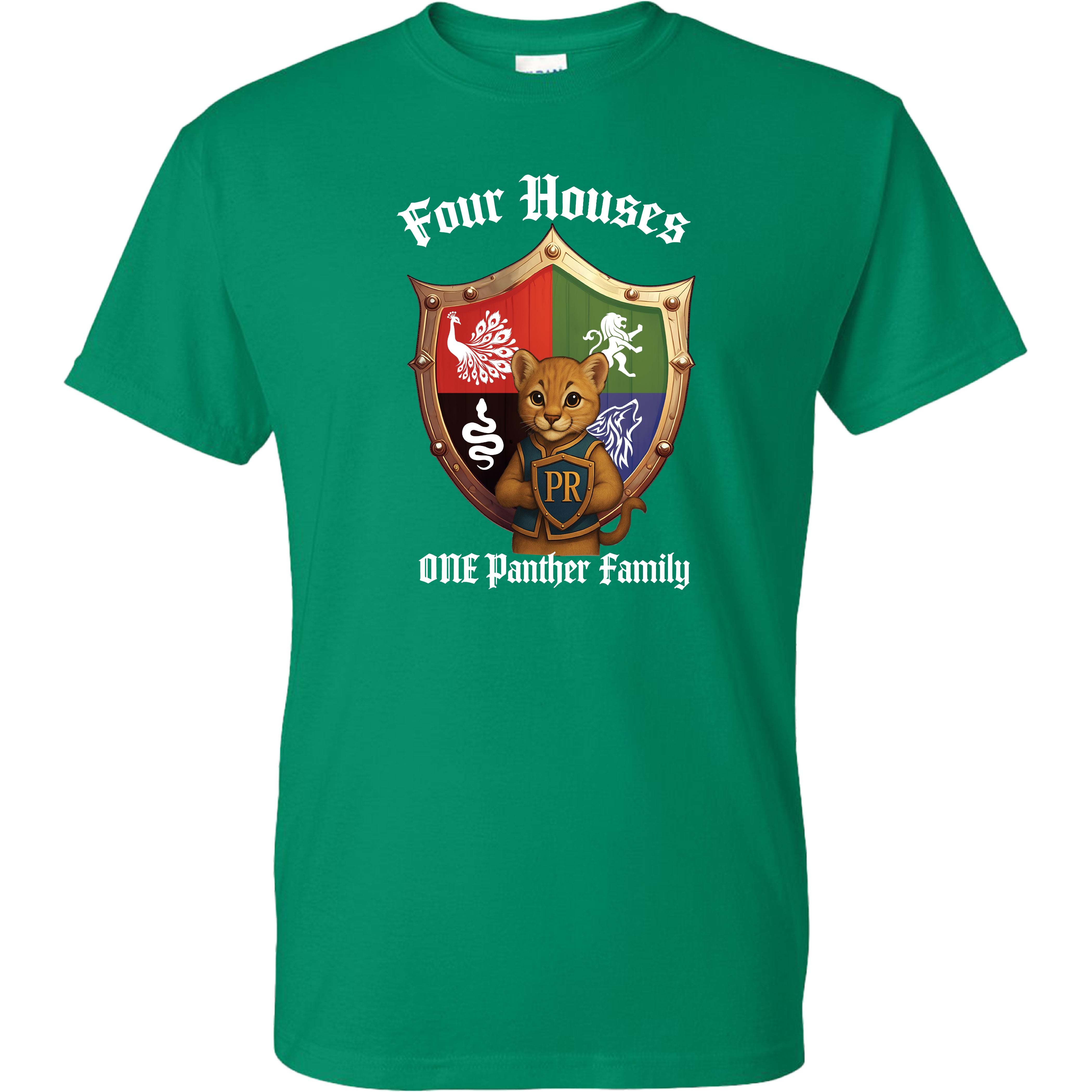 Panther Run Elementary - 4 Houses 1 Panther Family ADULT Tee