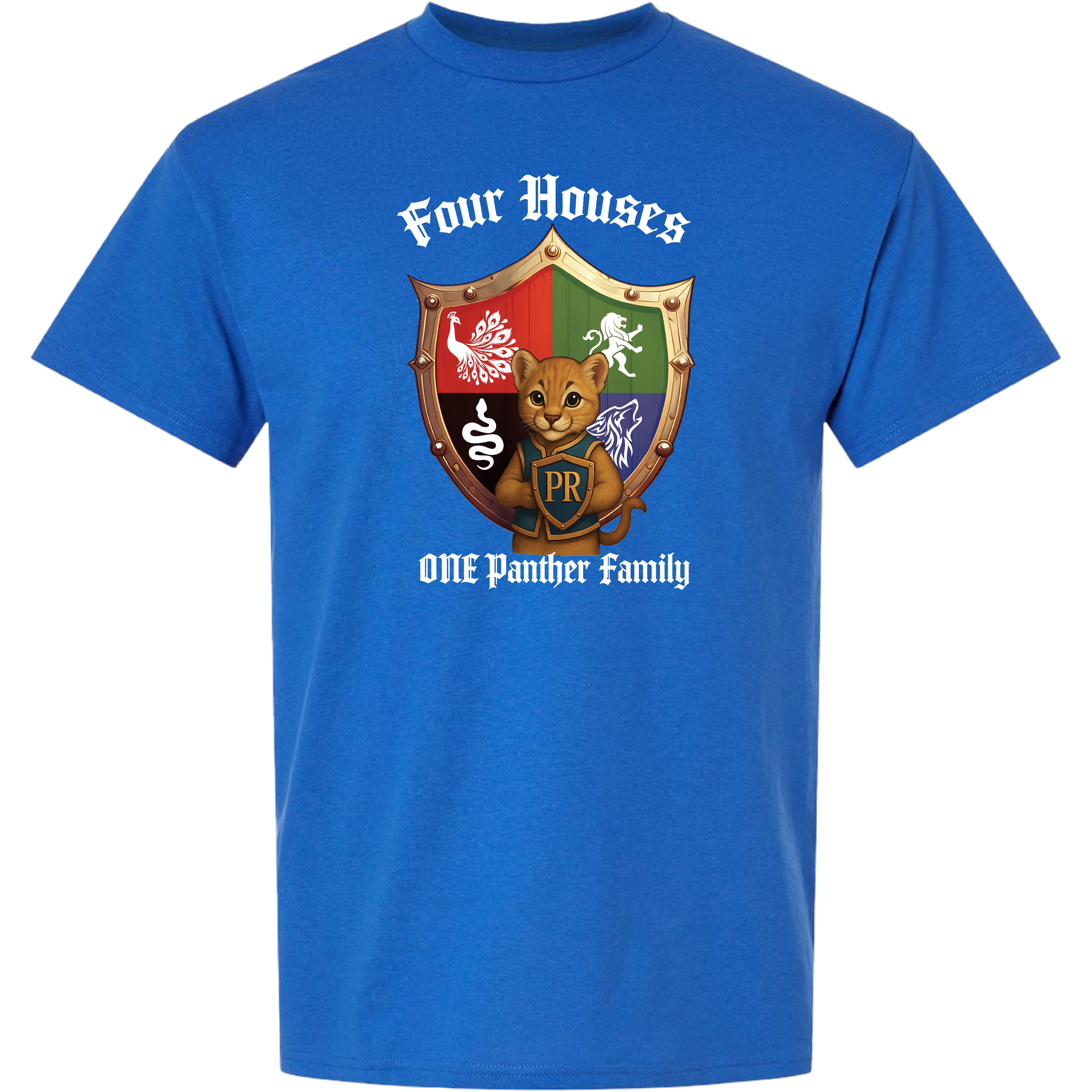 Panther Run Elementary - 4 Houses 1 Panther Family ADULT Tee