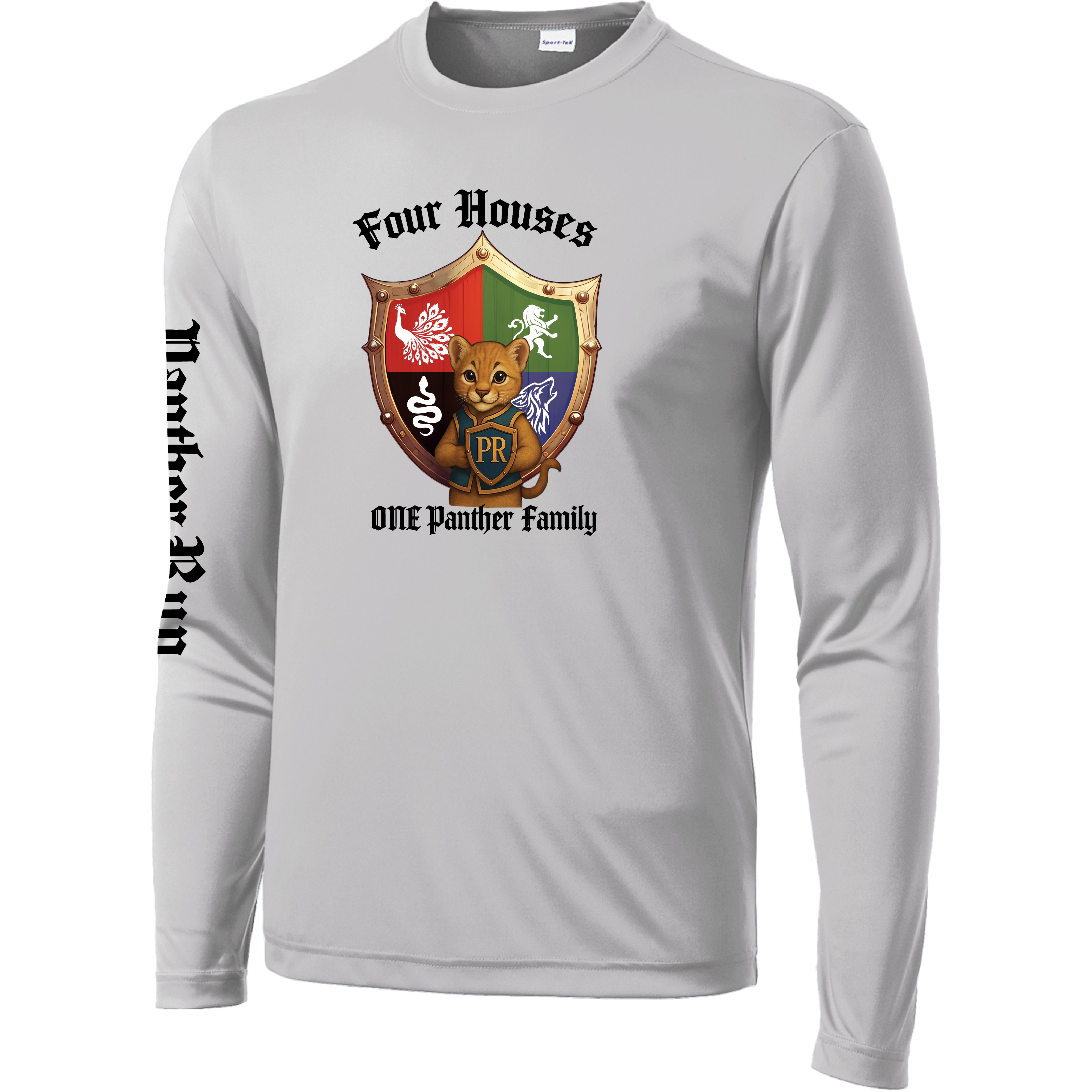 Panther Run Elementary - 4 Houses 1 Panther Family ADULT Long Sleeve PERFORMANCE Tee