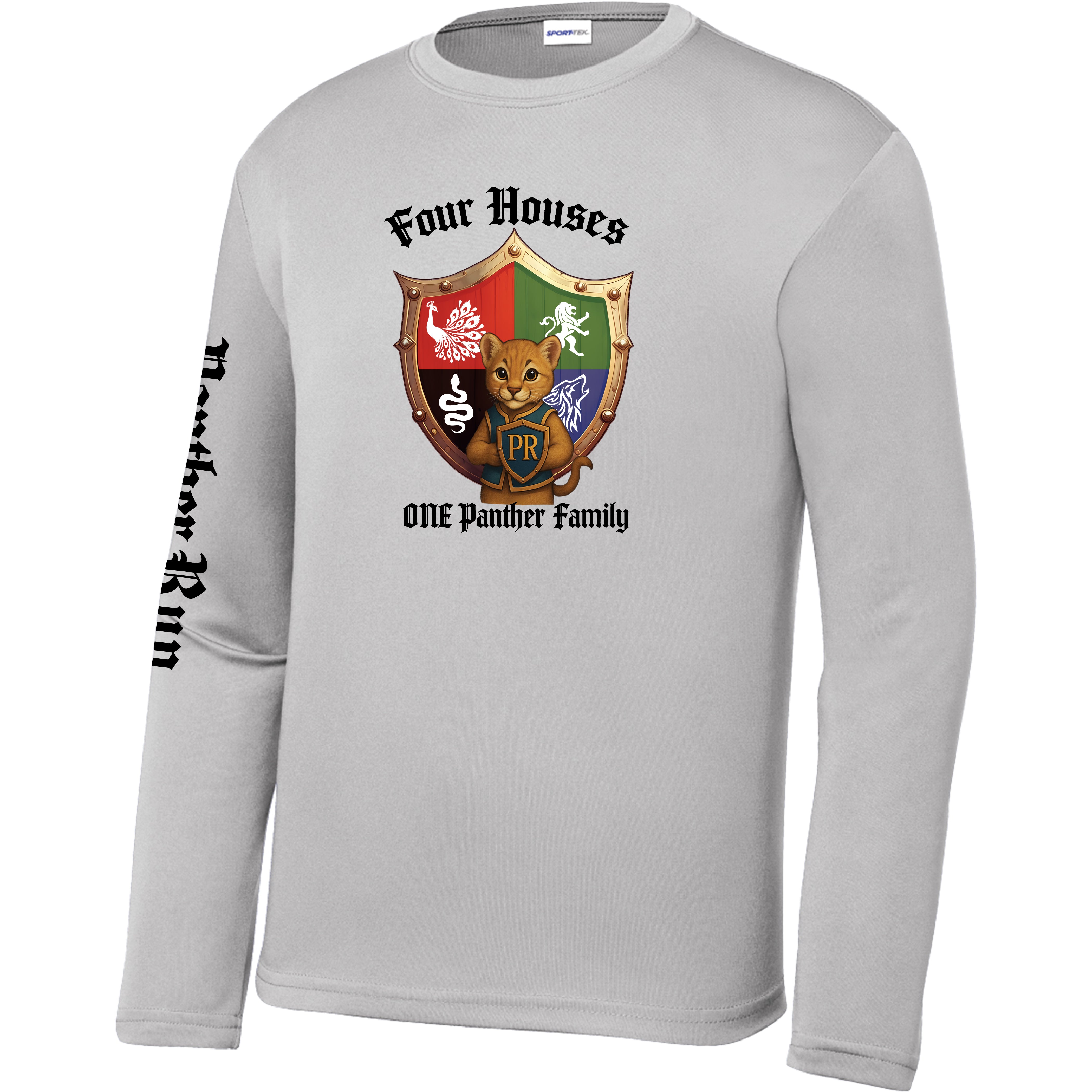 Panther Run Elementary - 4 Houses 1 Panther Family YOUTH Long Sleeve PERFORMANCE Tee